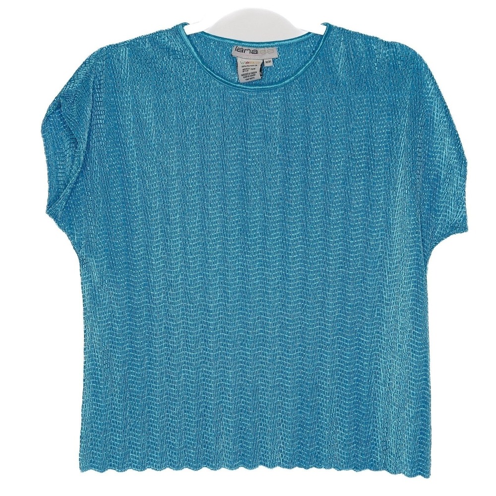 LanaLee VTG Womens Knit Top Shirt M Blue Turquoise 90s Crepe Y2K Bright